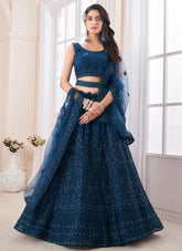 Teal Soft Net Bridal Lehenga Choli with Dori and Zarkan Work
